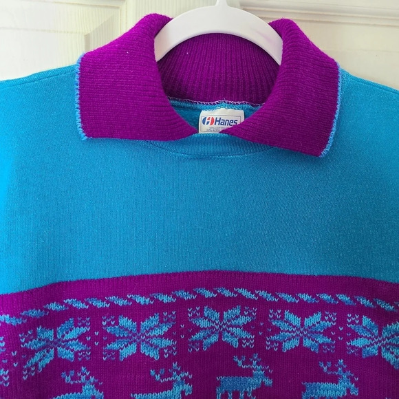 Vintage Hanes size Medium Knit collar fair isle sweatshirt Montana Blue Purple - Picture 5 of 8